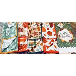 Perfect Harvest Reversible Kitchen Towels Leaves Sunflowers Pumpkin Lot of 5 BxA